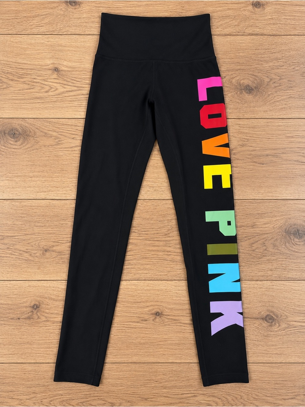 Victoria’s Secret PINK Black LOVE PINK Rainbow Logo Leggings Size Medium